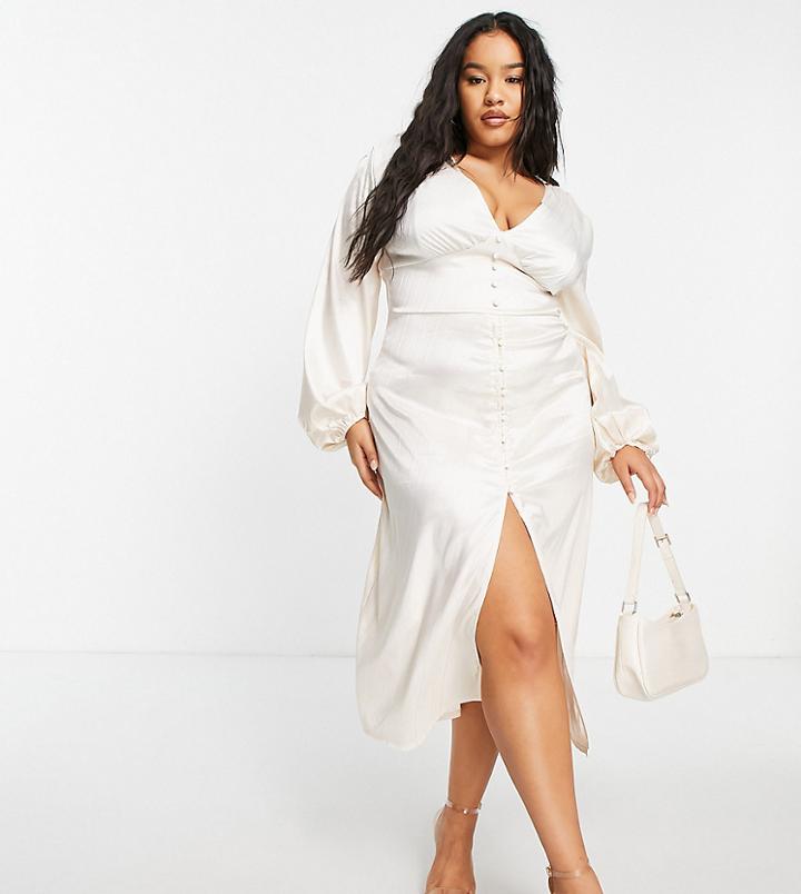 In The Style Plus X Syd & Ell Long Sleeve Button Through Midi Dress In Cream-white