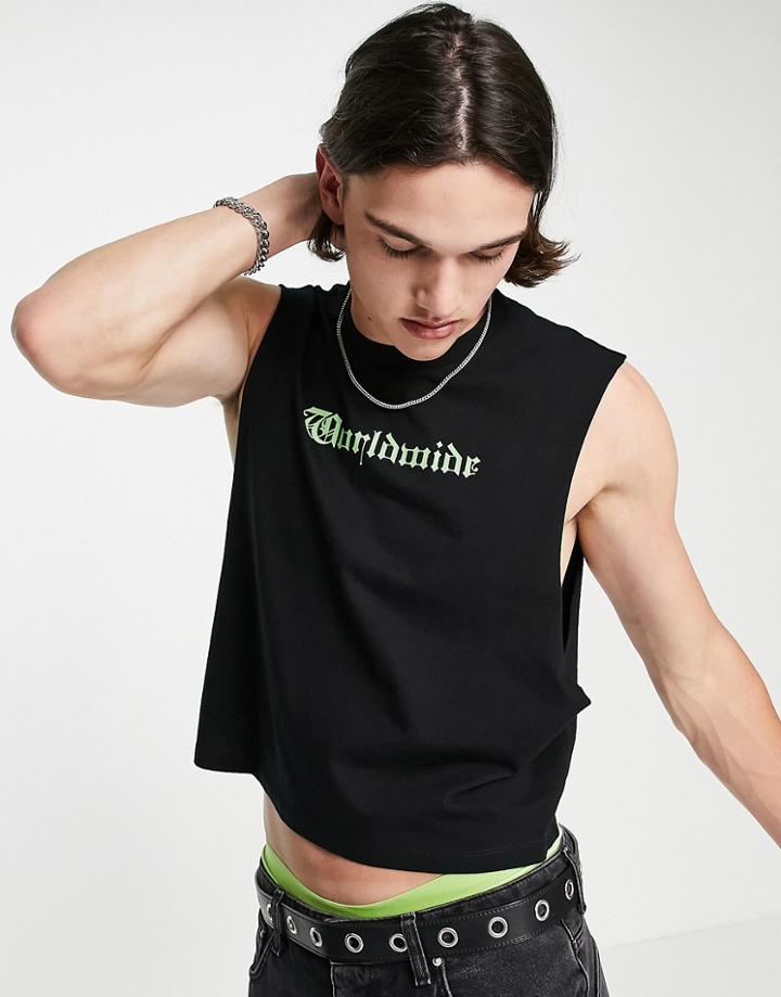 Asos Design Relaxed Cropped Tank Top In Black With Gothic Text Print