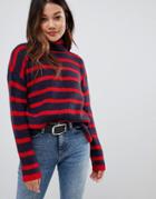 Brave Soul Monty Roll Neck Sweater In Stripe - Navy