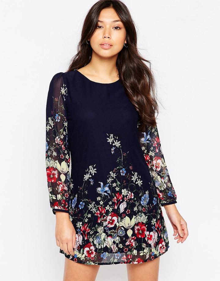 Yumi Border Print Long Sleeve Shift Dress - Navy