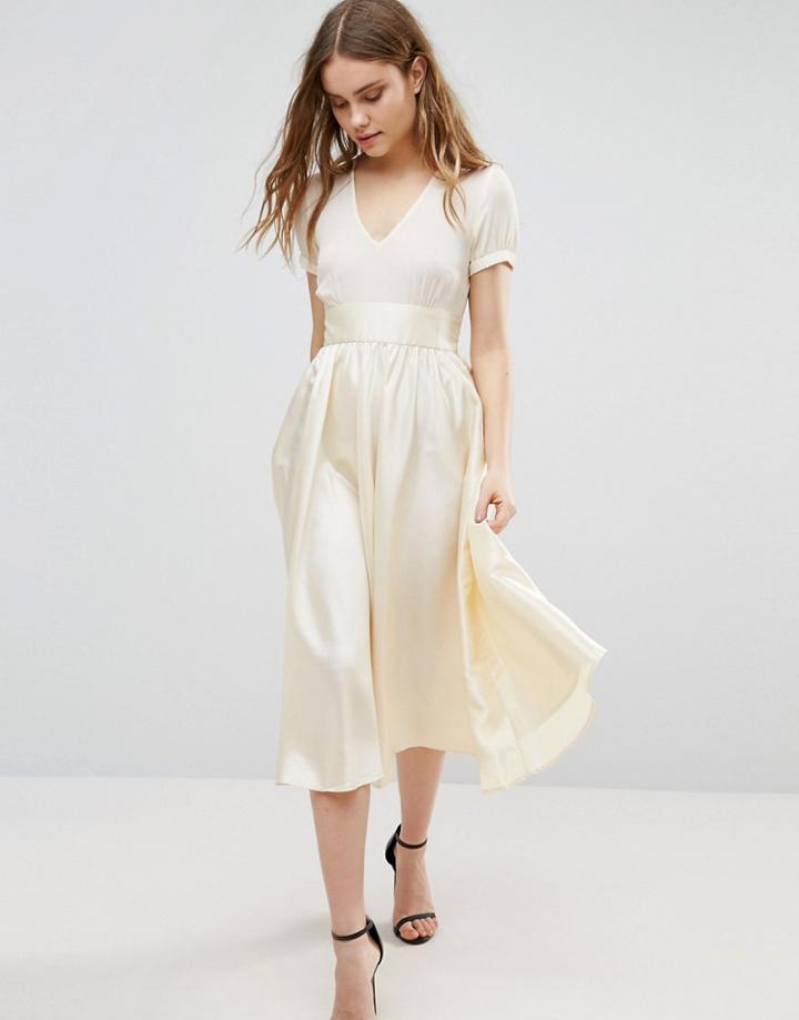 Traffic People Short Sleeve Midi Shirt Dress - Cream