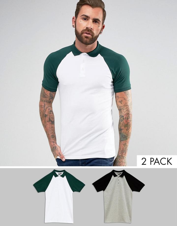 Asos Muscle Fit Polo With Contrast Raglan 2 Pack Save - Multi