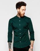 Asos Skinny Shirt In Twill With Grandad Collar And Long Sleeves - Khaki