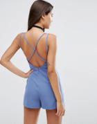 Asos Cami Romper With Lace Up Back Detail - Blue