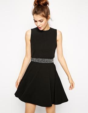 Asos Skater Dress With Embellished Waist And Crop Top - Black