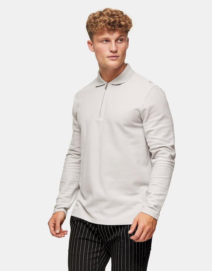 Topman Pique Long Sleeve Polo In Gray-grey