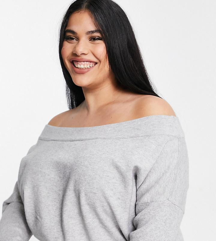 River Island Plus Off Shoulder Button Detail Sweater In Gray-grey