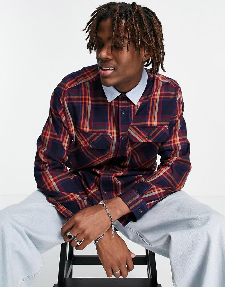 Topman Relaxed Check Shirt With Denim Contrast Collar In Navy