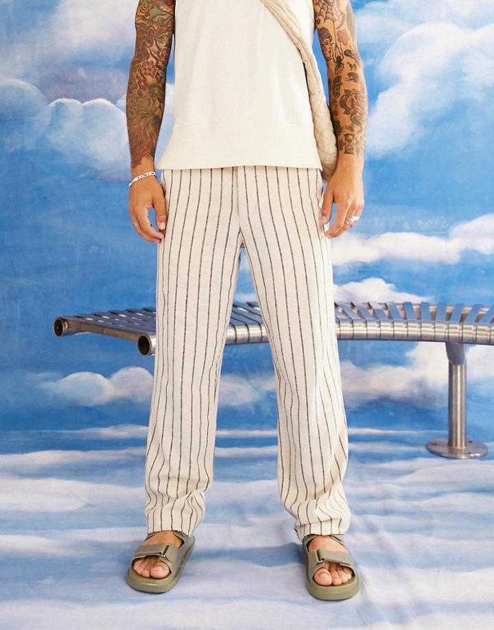Asos Design Relaxed Linen Pants In Brown Stripe