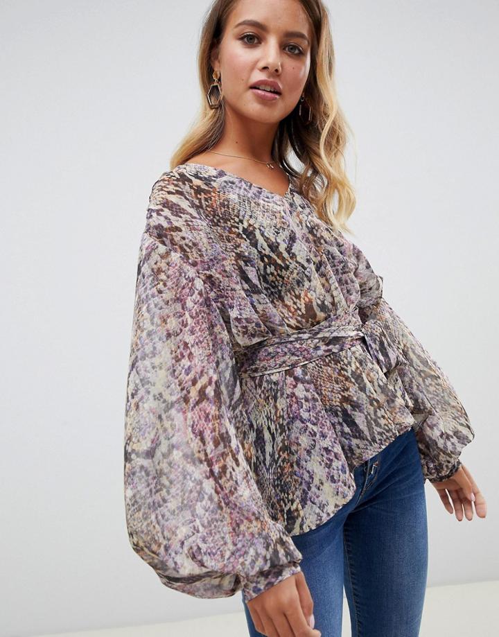 Asos Design Sheer Belted Top With Sleeve Detail In Snake Print - Black