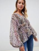 Asos Design Sheer Belted Top With Sleeve Detail In Snake Print - Black