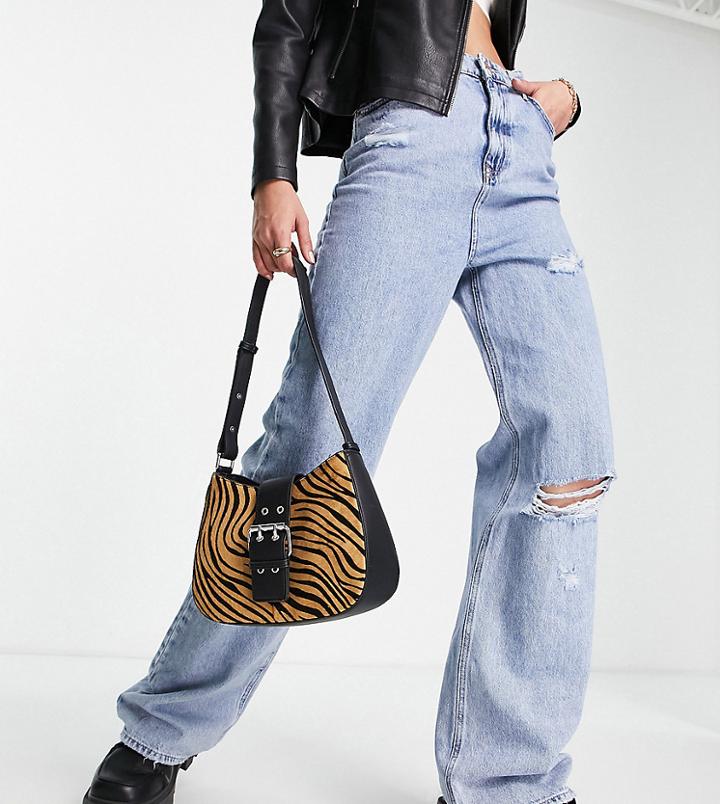 New Look Tall Ripped Wide Leg Dad Jean In Mid Blue