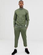 Asos Design Tracksuit Bomber Jacker / Tapered Cropped Sweatpants In Khaki Pin Stripe-green