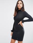 Ax Paris High Neck Bodycon Dress With Faux Fur Cuffs - Black