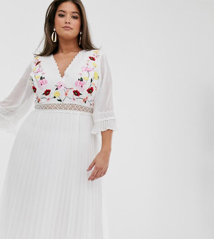 Asos Design Curve Lace Insert Pleated Midi Dress With Embroidery-white