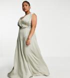 Asos Edition Curve Satin Maxi Dress With Wrap Bodice In Sage Green