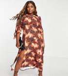 John Zack Plus Tie Sleeve Midaxi Dress In Swirl Horse Print-brown