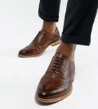 Asos Design Wide Fit Brogue Shoes In Brown Leather With Natural Sole And Navy Details - Brown