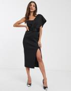 Asos Design One Shoulder Belted Scuba Midi Dress In Black