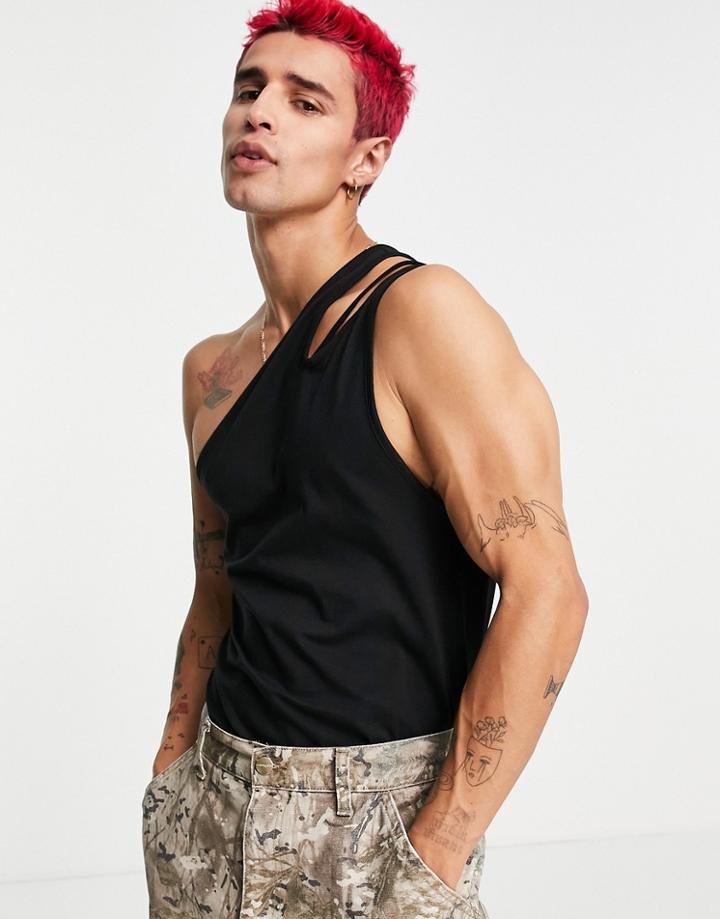 Asos Design Muscle Fit Tank With One Shoulder Cut Out In Black