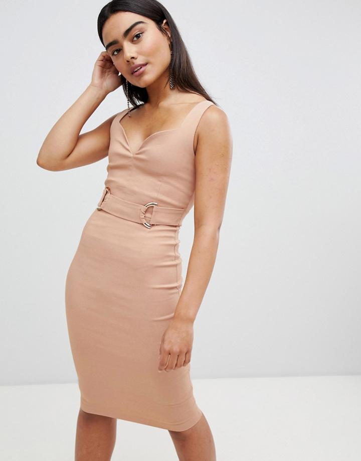 Vepser V Neck Strap Pencil Midi Dress - Beige