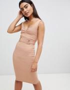 Vepser V Neck Strap Pencil Midi Dress - Beige