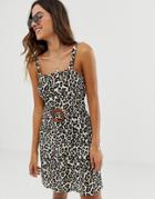 Asos Design Square Neck Linen Mini Sundress With Wooden Buckle And Contrast Stitch In Leopard Print-multi