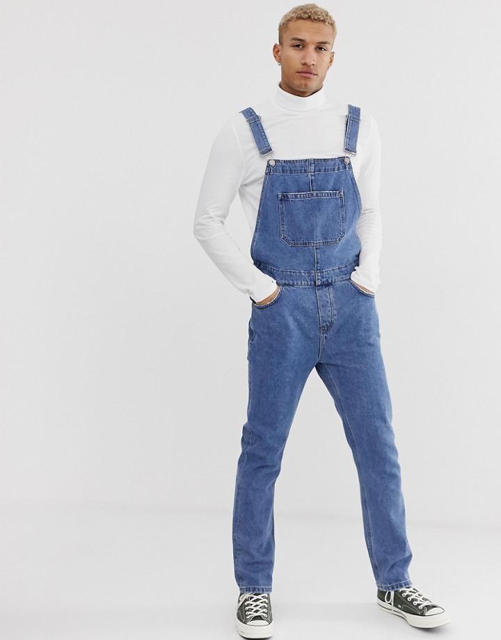 Asos Design Denim Overalls In Mid Wash Blue