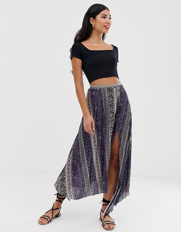 Asos Design Paisley Print Pleat Maxi Skirt With Asymmetric Hem And Split - Multi