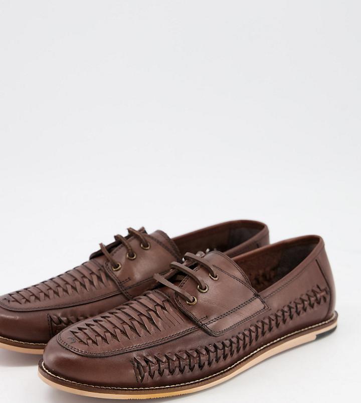 Silver Street Wide Fit Woven Leather Lace Up Shoes In Brown Leather