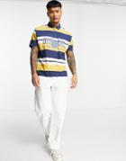 Asos Design Relaxed Polo T-shirt In Yellow & Blue Stripe With Front Print-multi