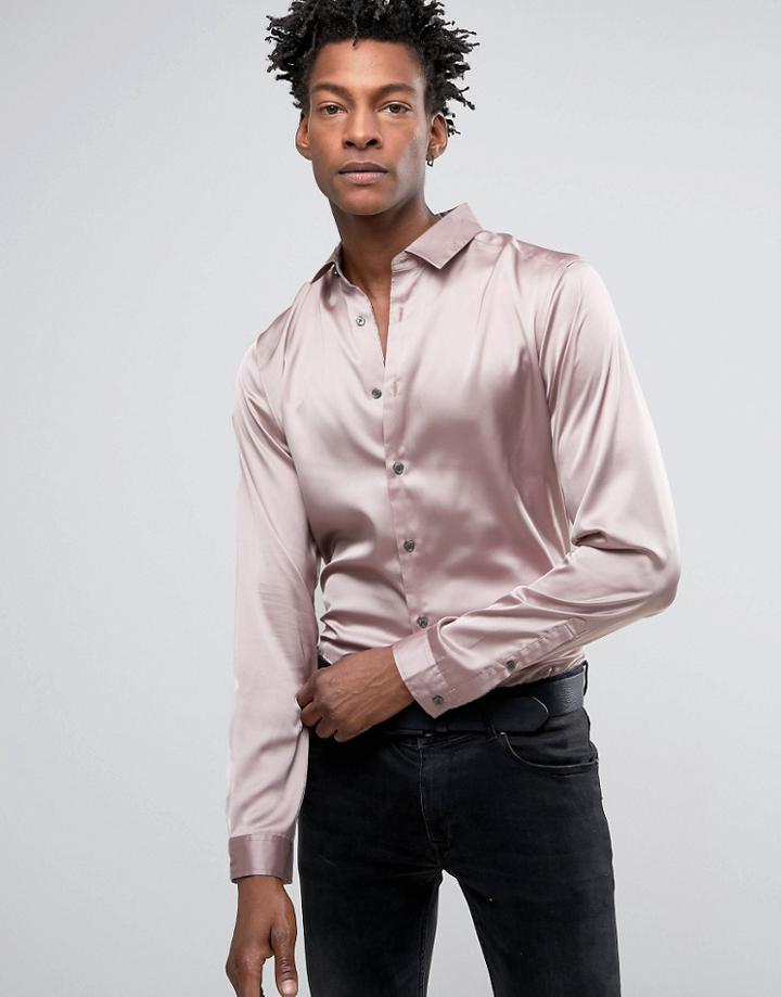 Asos Regular Fit Sateen Shirt In Dusty Pink - Pink