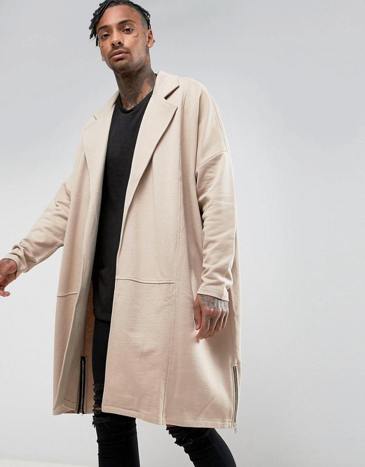 Asos Extreme Oversized Extreme Longline Jersey Duster Jacket With Side Zips - Beige