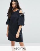 Asos Tall Denim Peep Shoulder Shift Dress With Bow Detail - Black