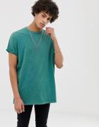 Asos Design Oversized Longline T-shirt With Roll Sleeve In Acid Wash In Green