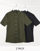 Asos Design 2-pack Skinny Fit Shirt With Band Collar In Khaki/black-multi