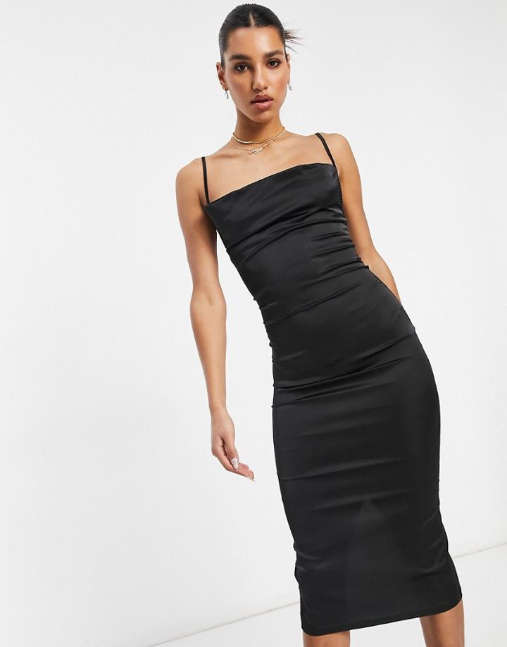 Parisian Satin Cami Strap Midi Dress With Cowl Front In Black