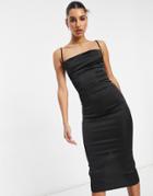 Parisian Satin Cami Strap Midi Dress With Cowl Front In Black