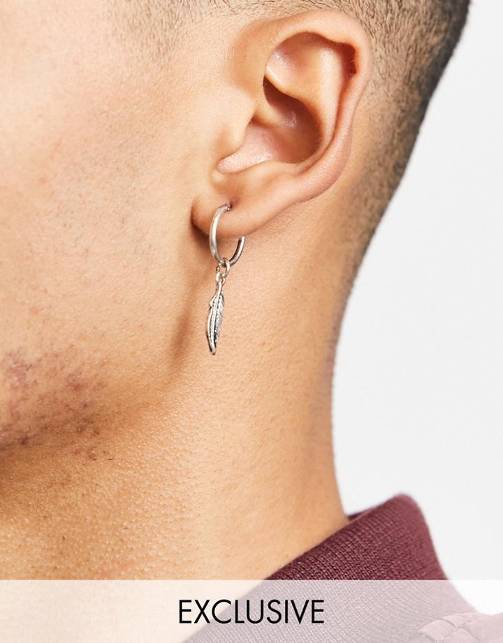 Reclaimed Vintage Inspired Huggie Hoop Drop Earrings With Feather Charms-silver