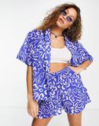 Topshop Sketch Print Beach Resort Short And Shirt In Cobalt-blue