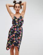 Asos Floral Print Button Through Sun Dress With Dipped Hem - Multi