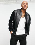 Asos Design Oversized Real Leather Bomber Jacket With Contrast Sleeves In Black
