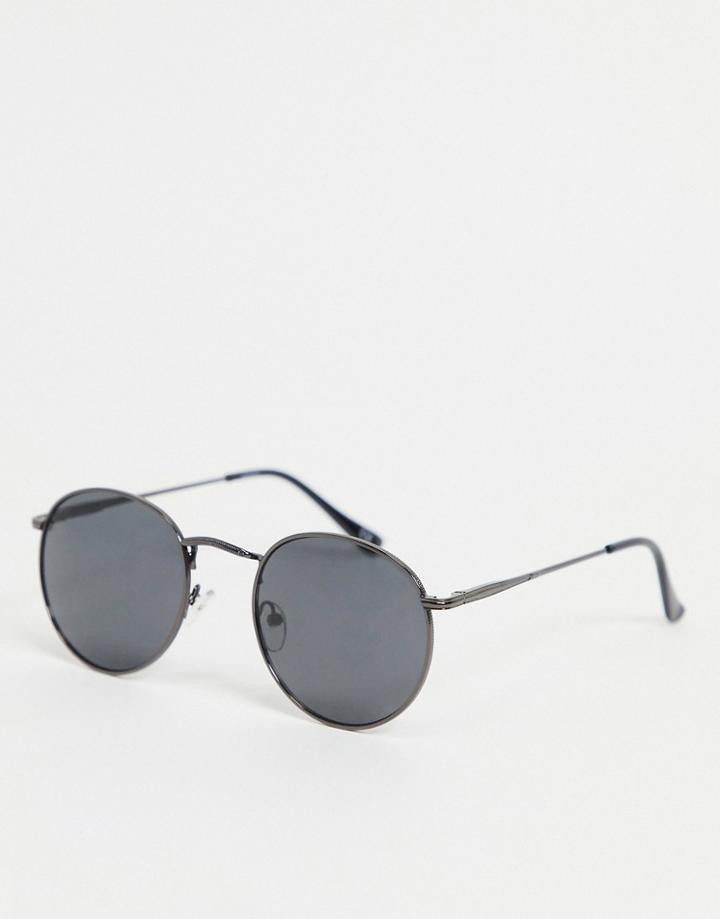 Asos Design Metal Round Sunglasses In Gunmetal With Smoke Lens-grey