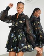 Asos Edition Mini Shirt Dress In Organza With Floral Embroidery-black