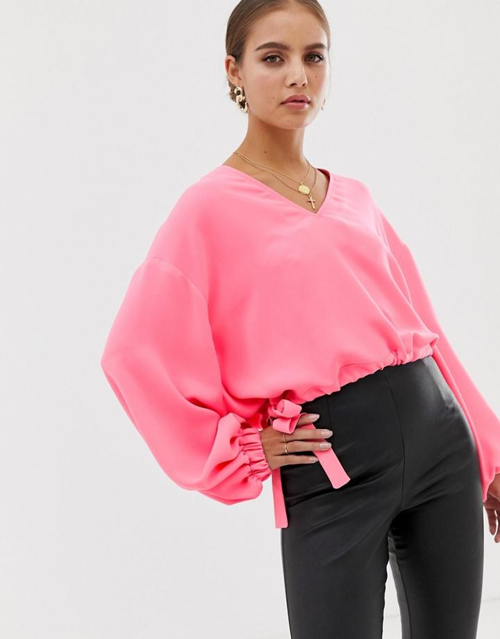 Asos Design Long Sleeve V Neck Top With Elasticated Waist Detail In Neon-pink