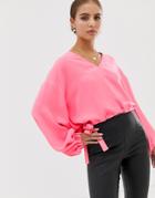 Asos Design Long Sleeve V Neck Top With Elasticated Waist Detail In Neon-pink