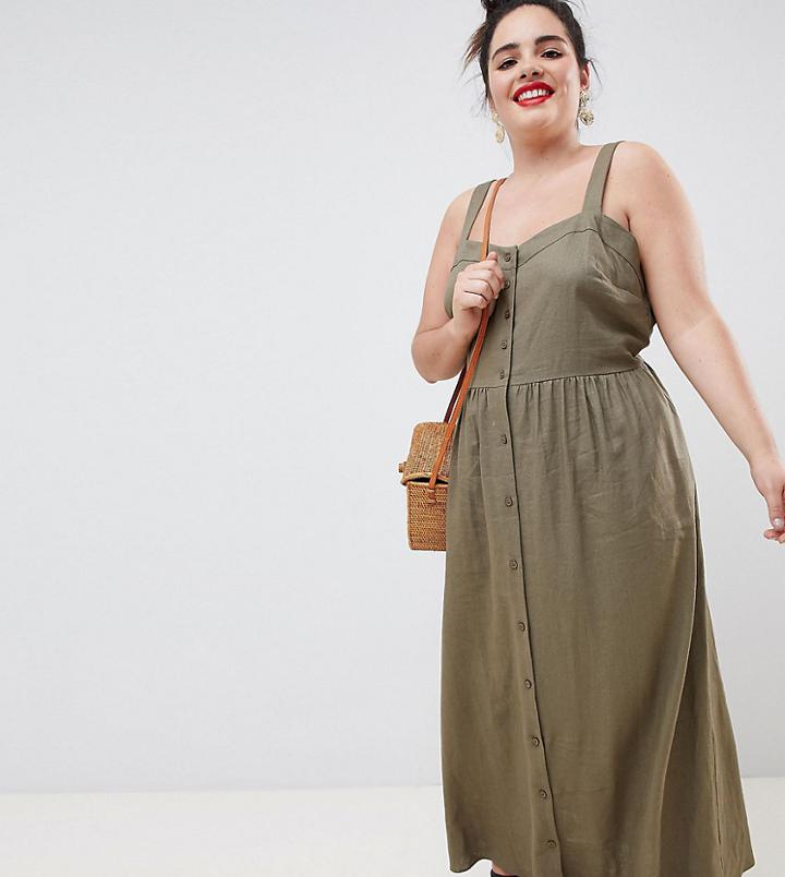 Asos Design Curve Linen Button Through Maxi Dress-green