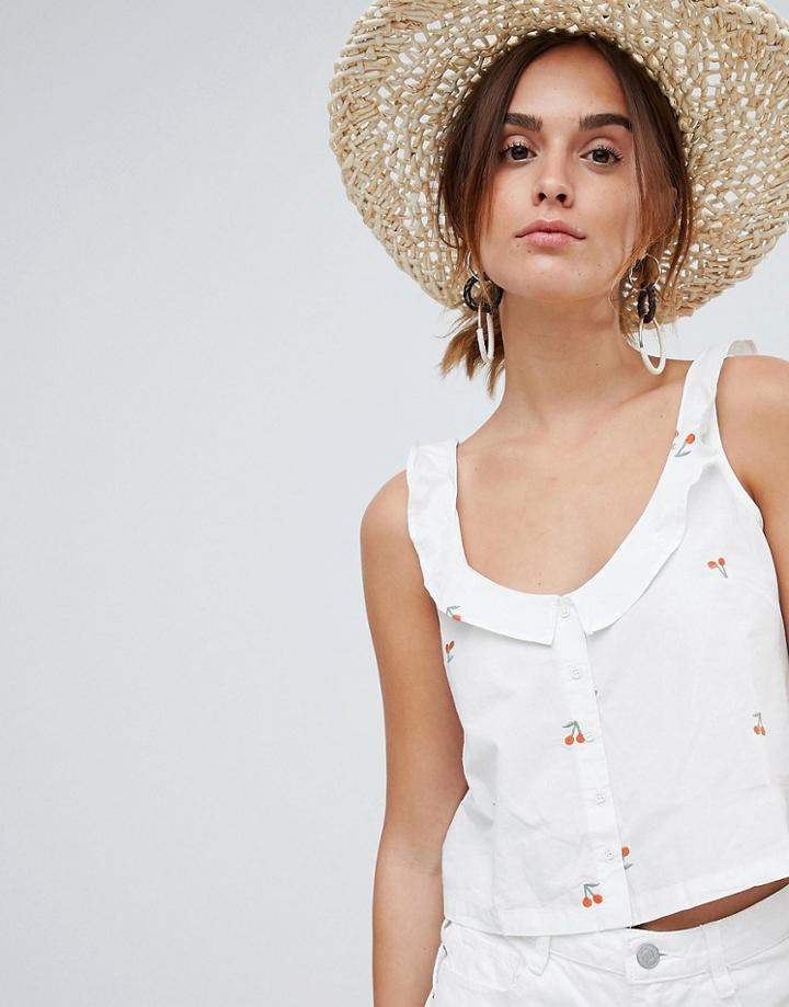 Mango Cherry Print Crop Cami Button Through In White - White