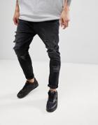 Asos Design Drop Crotch Jeans In Washed Black With Heavy Rips - Black