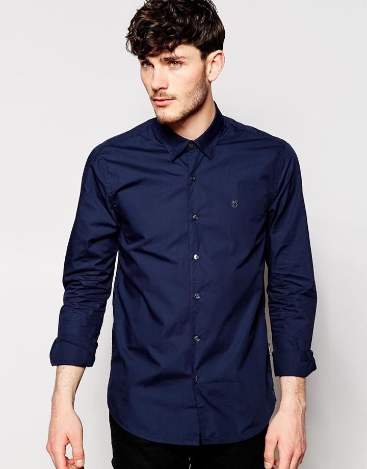 Peter Werth Formal Shirt With Concealed Button Down Collar In Slim Fit - Navy
